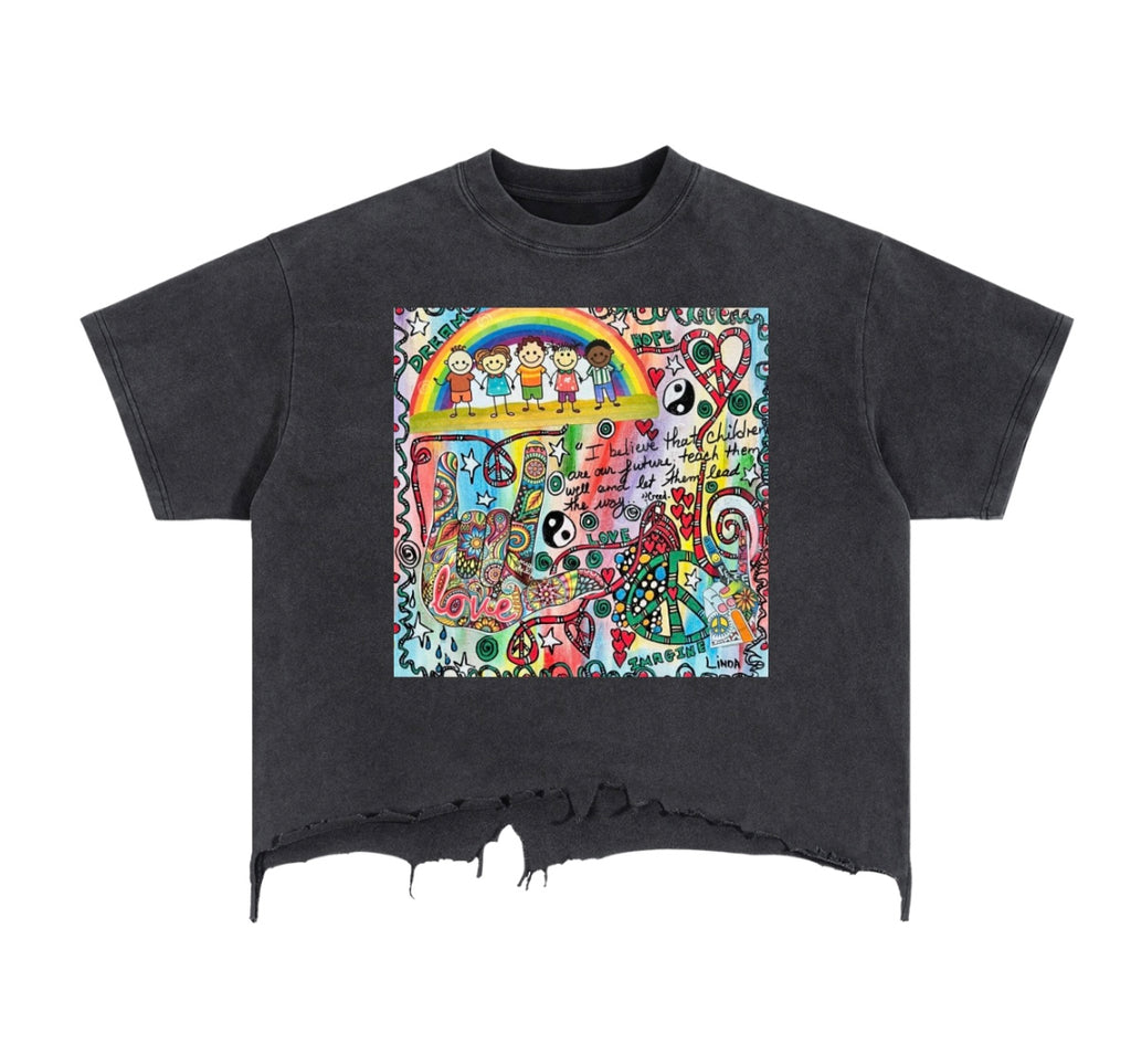 Linda Mishkin Vintage Wash Boxy Distressed Hem T-Shirt