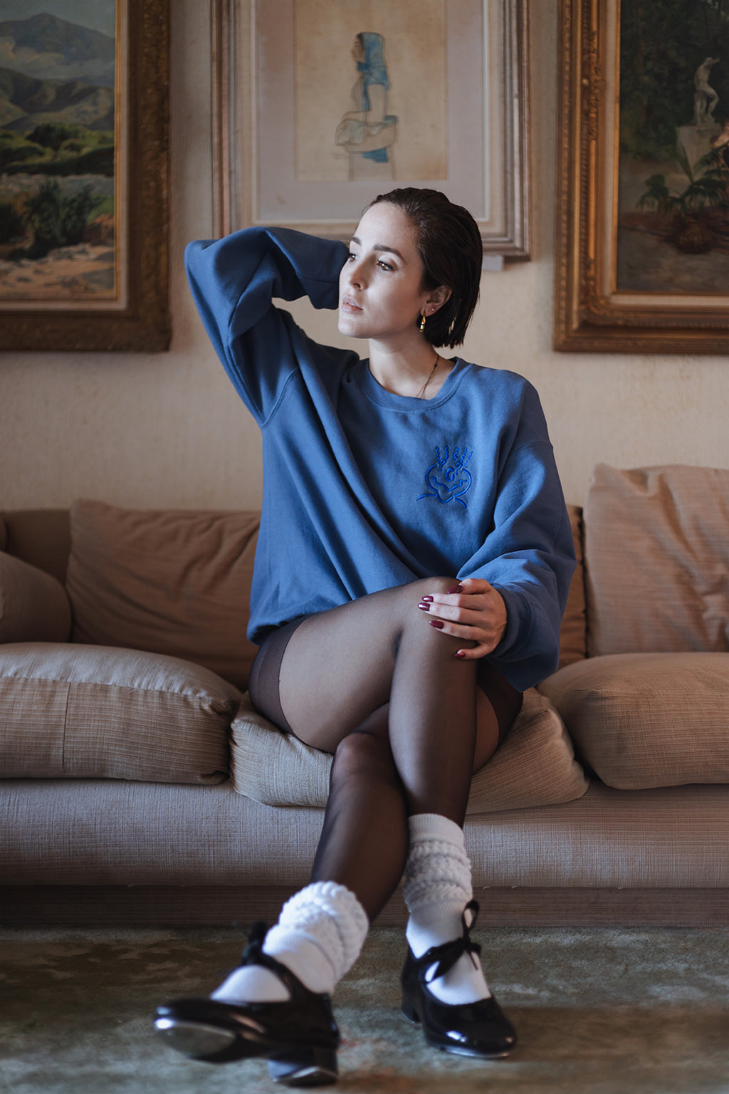 Michelle Mishkin Cotton Embroided Crewneck Sweater Unisex Gray