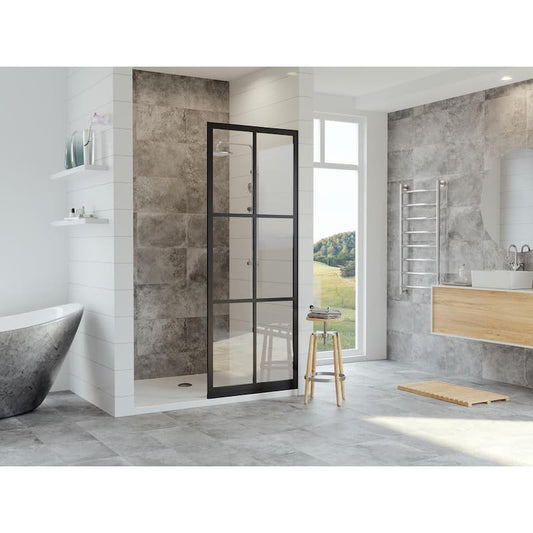 Gridscape Series 30 in. x 75 in. Factory Window Framed Fixed Shower Screen in Matte Black and Clear Glass without Handle