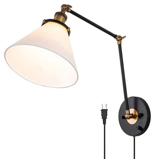 1-Light Black and Antique Brass Swing Arm Plug-in/Hardwired Wall Lamp with Linen Shade