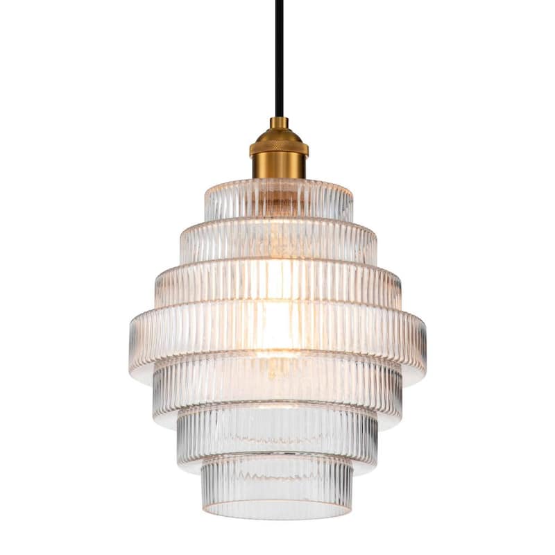 1-Light Antique Bronze Statement Pendant Light with Stripped Glass Shade