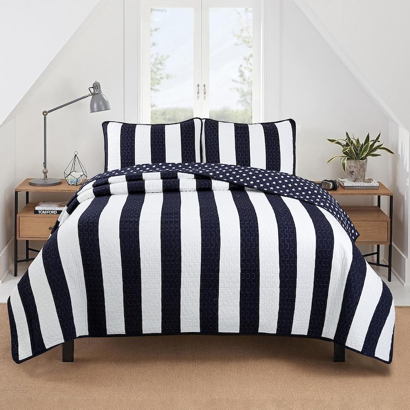 Navy Sailor Stripes Stars 3-Piece Patriotic Nautical Blue and White Cotton King Quilt Bedding Set