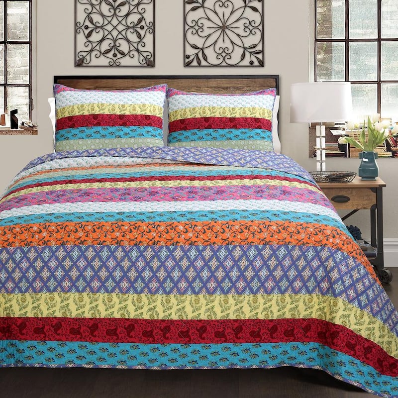 Floral Stripe Rainbow Bohemian Patchwork 3-Piece Red Orange Yellow Green Blue Purple Pink Cotton King Quilt Bedding Set