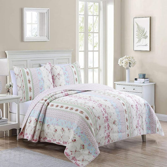 Floral Bloom Garden Vines Stripe 3-Piece Pink Blue Green Cotton King Quilt Bedding Set