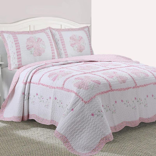 Pink Perfection Camellia Floral Vine 2-Piece Embroidered Ruffle Scalloped Cotton Twin Quilt Bedding Set