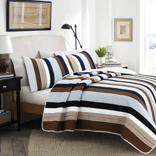 Sophisticated Stripe 3-Piece Navy Blue Brown Beige Tartan Plaid Cotton King Quilt Bedding Set