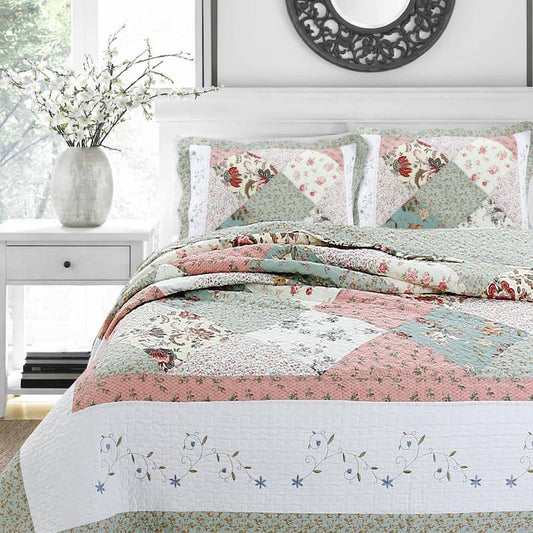 Peachy Floral Vine Country Cottage 2-Piece Flower Garden Embroidered Scalloped Pink Cotton Twin Quilt Bedding Set