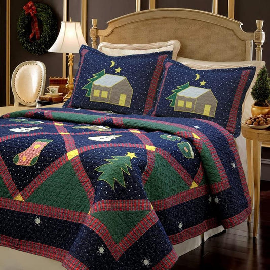 Christmas Silent Night Starry Sky Cabin 2-Piece Blue Green Red Holiday Patchwork Applique Cotton Twin Quilt Bedding Set