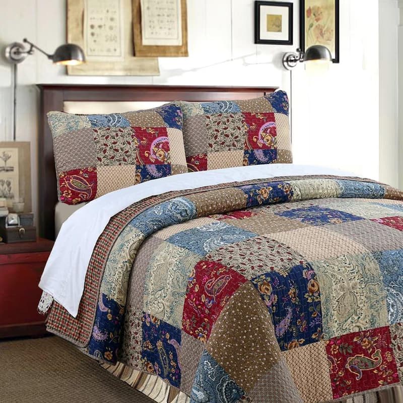 Sanders Floral Paisley 3-Piece Navy Blue Brown Red Patchwork Cotton Queen Quilt Bedding Set