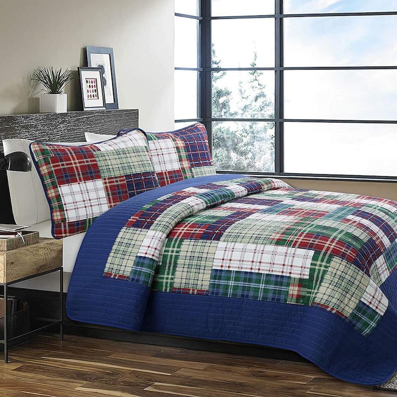 Tartan Plaid Boxers Briefs 2-Piece Navy Blue Red Green Cotton Twin Quilt Bedding Set