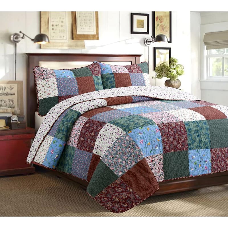 Harvest Vintage Floral Paisley Square Patchwork 3-Piece Pink Purple Blue Green Maroon Cotton King Quilt Bedding Set