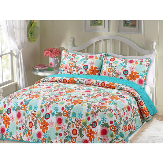 Rainbow Daisy Lizzie Floral Butterfly Bloom 3-Piece Cotton King Quilt Bedding Set