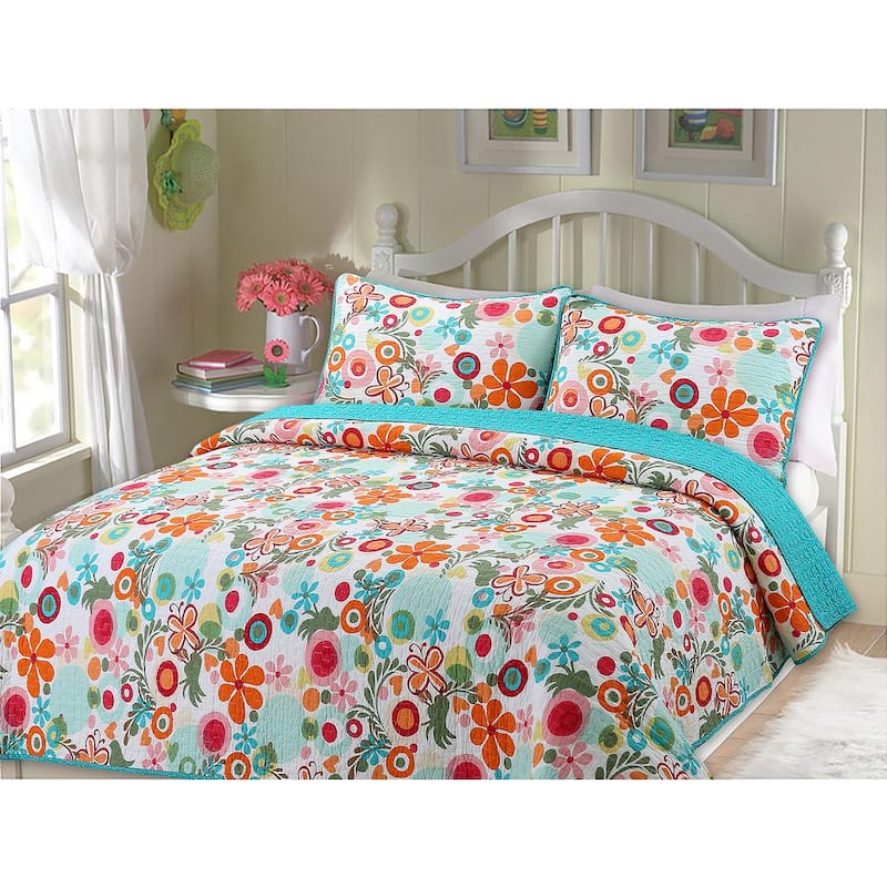 Rainbow Daisy Lizzie Floral Butterfly Bloom 2-Piece Cotton Twin Quilt Bedding Set