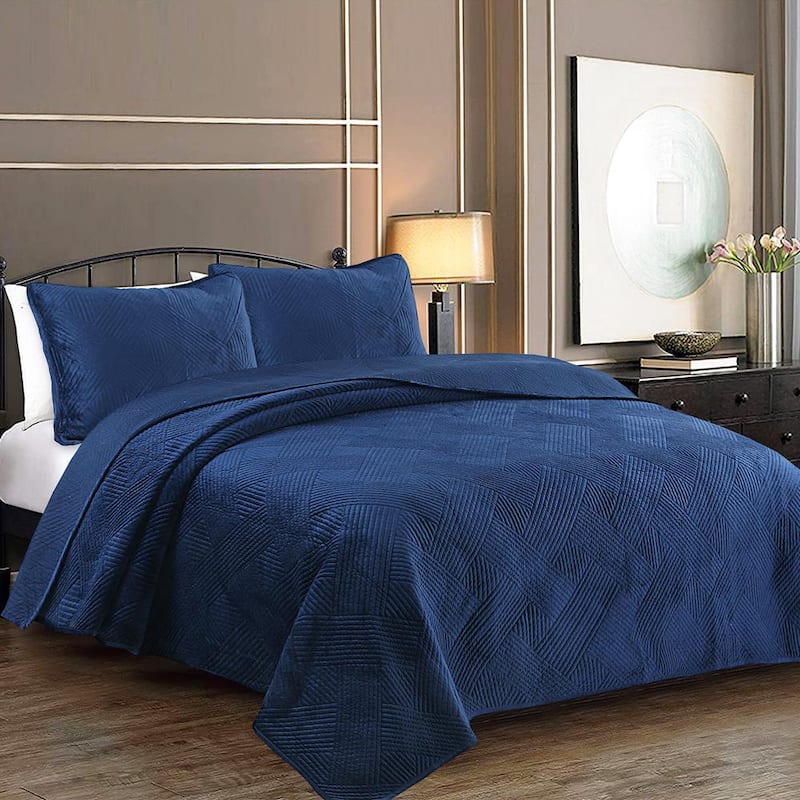 Soft Velvet Basket Weave Stripe Solid 3-Piece Navy Blue Polyester Cotton Queen Quilt Bedding Set