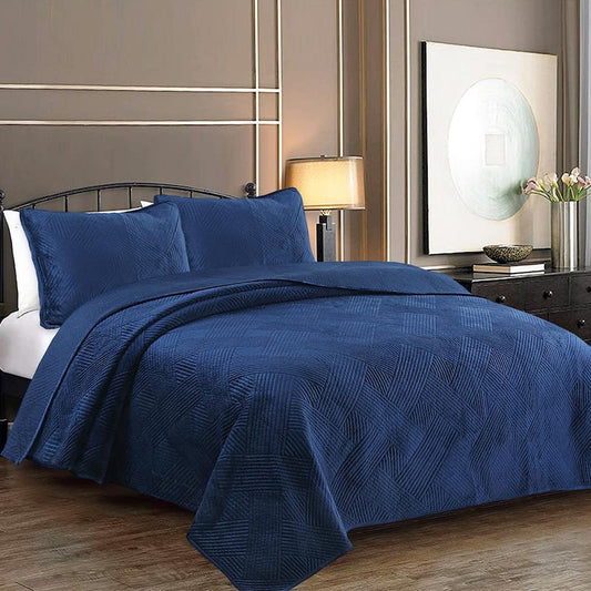 Soft Velvet Basket Weave Stripe Solid 3-Piece Navy Blue Polyester Cotton Queen Quilt Bedding Set