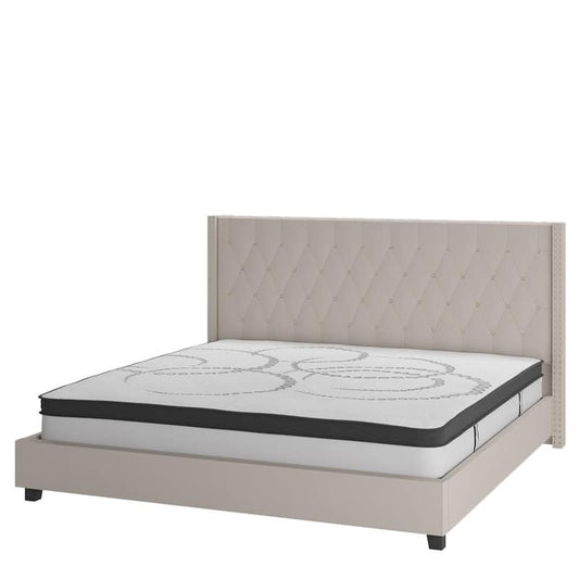 84 in. W Beige Fabric Metal Frame King Platform Bed