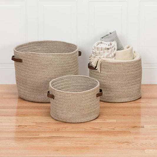 Monaco 14 in. x 14 in. x 10 in. Beige Round Natural Wool Braided Basket