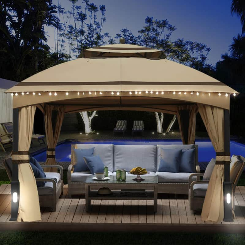 Coast Shade 10 ft. x 12 ft. Patio Gazebo Outdoor Gazebos with 4 Mesh Walls+4 Walls & 4 Big Leg Lights 160 String Lights