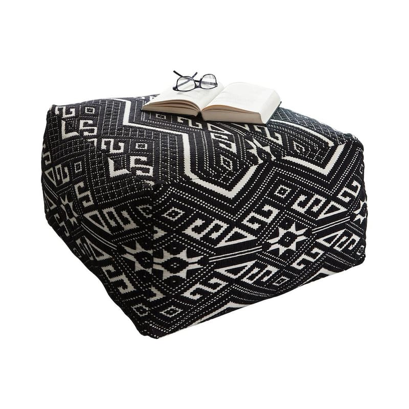 Black and White Woven Upholstered Floor Pouf