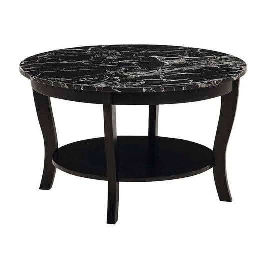 American Heritage 30 in. Black Round Black Faux Marble Top Coffee Table with Shelf