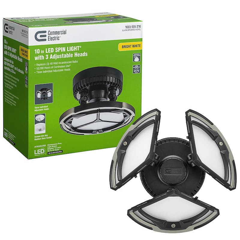 Spin Light 10 in. Black LED Flush Mount Ceiling Light with 3 Adjustable Heads 4000K Bright White 1260 Lumens