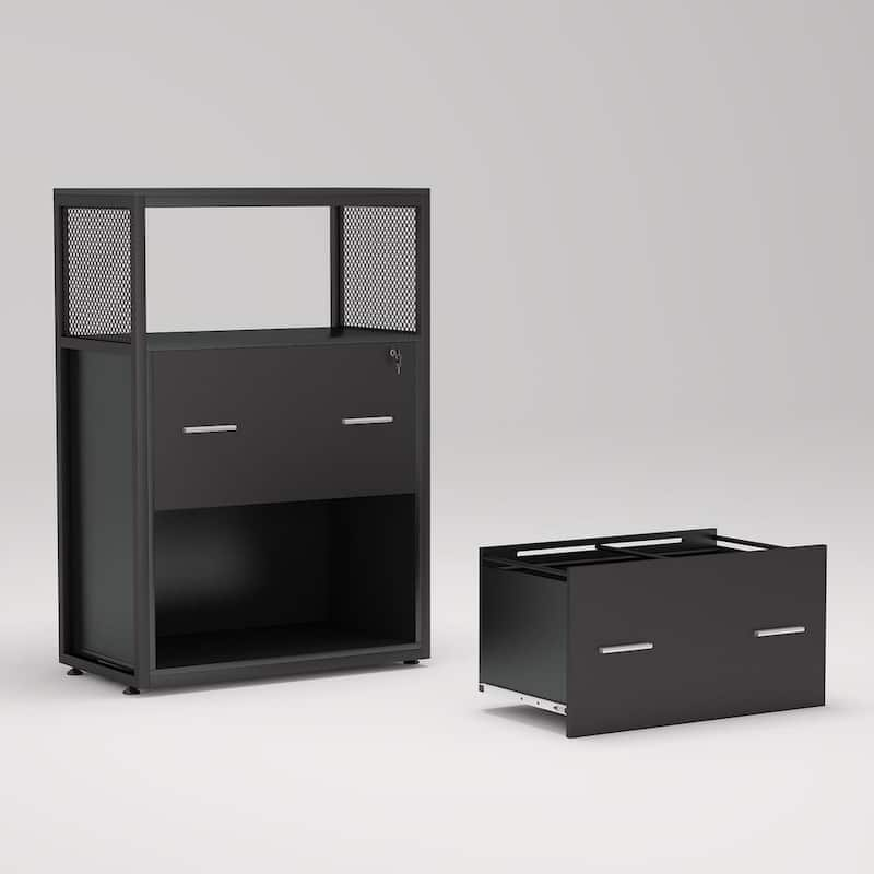 Black File Cabinet with Lockable File Drawers and Open Storage Shelf