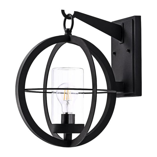 1-Light Black Outdoor Wall Lantern Sconce with Clear Glass Tube