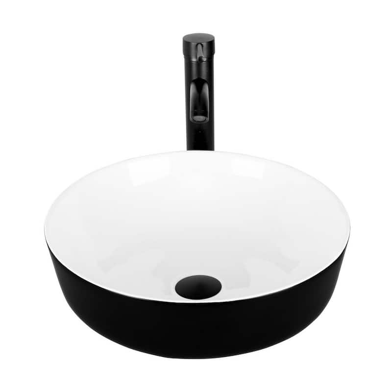 Black and White Ceramic Round Vessel Sink with Black Faucet and Pop up drain Combo