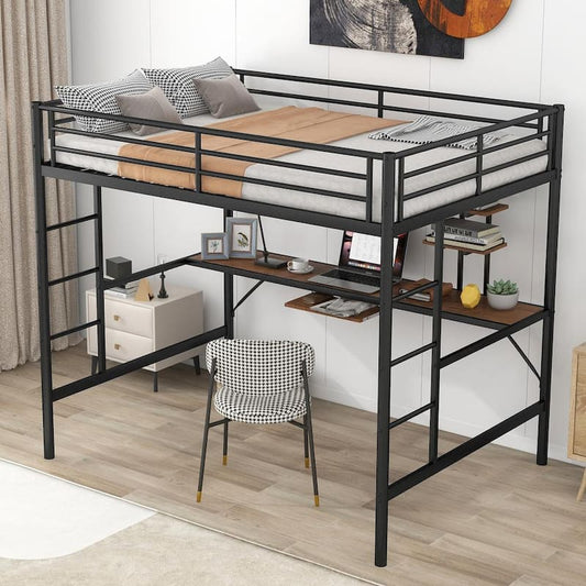 Black Metal Full Size Loft Bed with Built-in Desk&Shelf