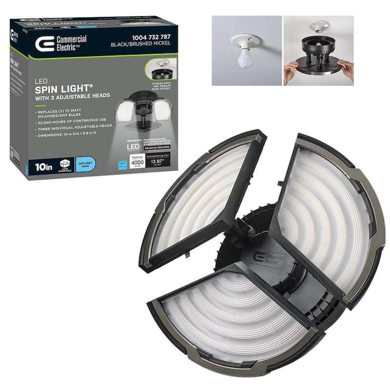 Spin Light 10 in. High Output 4000 Lumens Black LED Flush Mount Ceiling Light with 3 Adjustable Heads 5000K