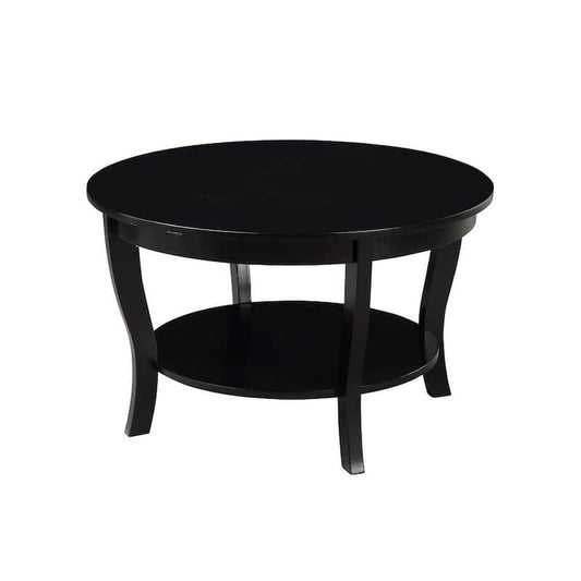 American Heritage 30 in. Black Medium Round Wood Coffee Table with Shelf