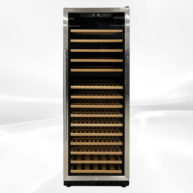 Dual Temperature Zone 23.5 in. W 168-Bottle Glass Door Free Standing Wine Cooler in Black with Wood Shelves