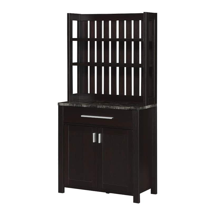 Sawyer Black Faux Marble/Espresso 1-Drawer Wine Bar Storage Cabinet and Shelves