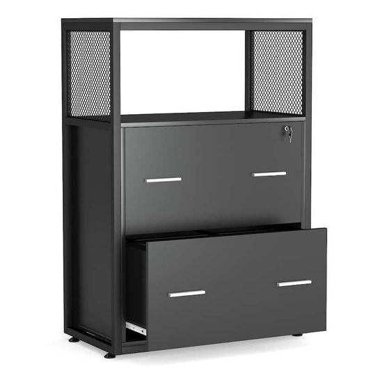 Atencio Black File-Cabinet with Lock Open Storage Shelves