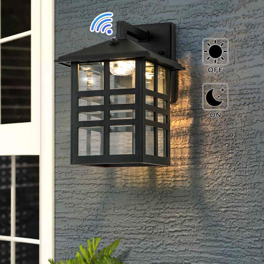 1-Light Black Dusk to Dawn LED Outdoor Wall Lantern Sconce with Clear Glass Shade