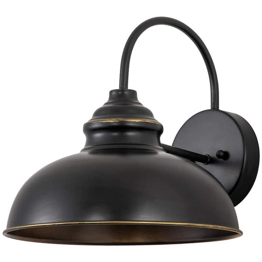 1-Light Black Gooseneck Outdoor Barn Light Sconce with Gold Edges