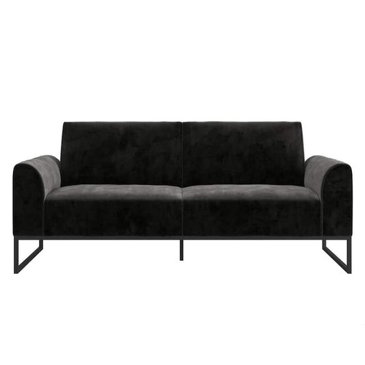 Adley Black Velvet Coil Futon with Black Metal Base