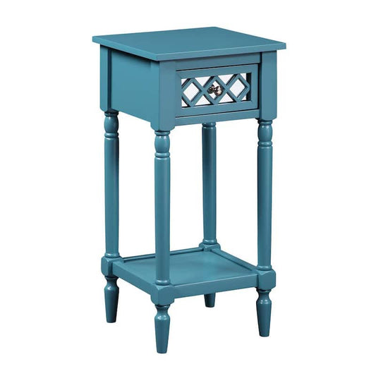 French Country Khloe 14 in. Blue Square Wood End Table with 1-Drawer and Shelf