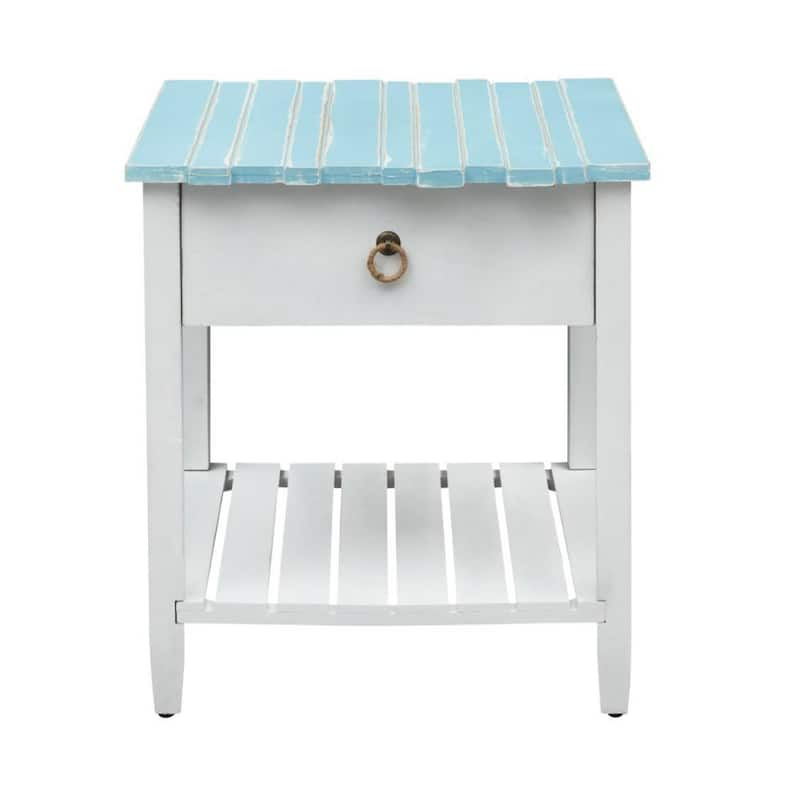 Boardwalk 22 in. W x 24 in. H White & Teal 1 Drawer Wooden End Table