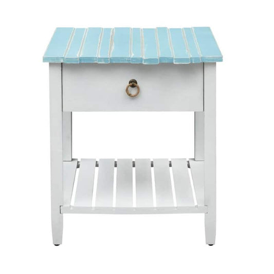 Boardwalk 22 in. W x 24 in. H White & Teal 1 Drawer Wooden End Table