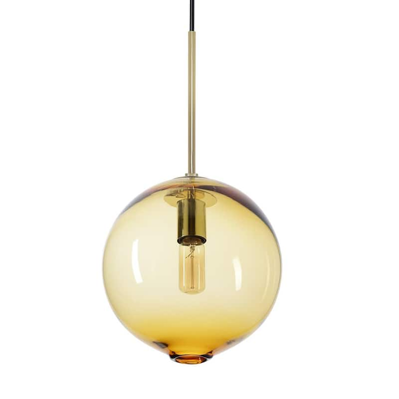 Zurich 10 in. W x 19 in. H 1-Light Brass Hand Blown Glass Pendant Light with Amber Glass Shade