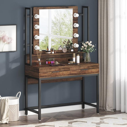 Helotes Brown and Black Makeup Vanity Table with Lighted Mirror and 2-Drawers 61.6 in. H x 35.4 in. W x 15.7 in. D