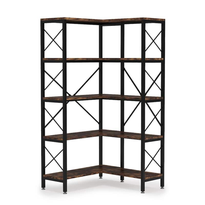 Eulas 65.74 in. Black/Brown Engineered Wood 5-Shelf Standard Corner Bookcase with Storage Display Rack for Living Room