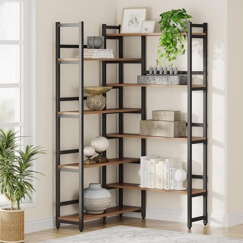 Eulas 70.8 in. Rustic Brown 8 shelf Industrial L-Shaped Corner Bookcase with Open Back for Home Office