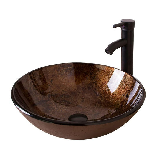 Bathroom Artistic Glass Round Vessel Sink with Oil Rubbed Bronze Faucet and Pop-Up Drain Combo in Brown