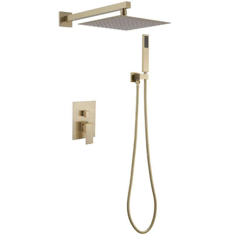 Luxurious Single Handle 2-Spray 10 in. Wall Mount Square Shower Head with Hand Shower Faucet in Brushed Gold