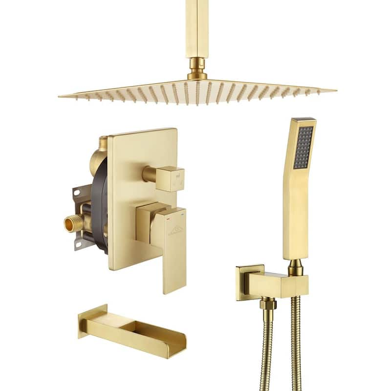 Single-Handle 1-Spray Patterns 12 in. Ceiling Mount Tub and Shower Faucet in Brushed Gold (Valve Included)