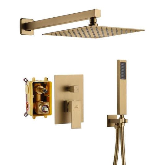 1-Spray Patterns with 10 in. Wall Mount Dual Shower Heads with Hand Shower Faucet in Brushed Gold (Valve Included)