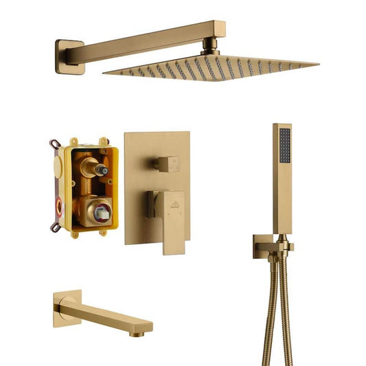 1-Spray Patterns with 2.5 GPM 10 in. Tub Wall Mount Dual Shower Heads in Spot Resist Brushed Gold