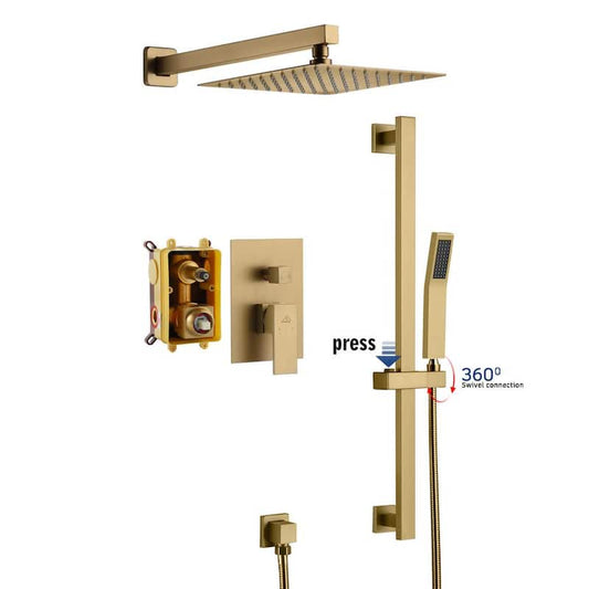 1-Spray Patterns with 10 in. Wall Mount Dual Shower Heads with Sliding Rod in Spot Resist Brushed Gold (Valve Included)